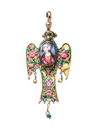 A High Karat Yellow Gold, Polychrome Enamel, Emerald, Turquoise, Cultured Pearl and Foilback Gemstone Bird Pendant, Qajar,