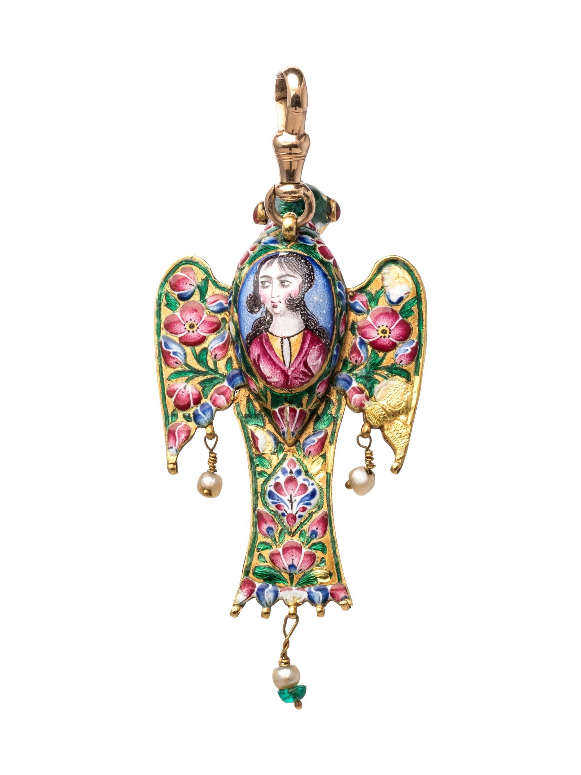 A High Karat Yellow Gold, Polychrome Enamel, Emerald, Turquoise, Cultured Pearl and Foilback Gemstone Bird Pendant, Qajar,
