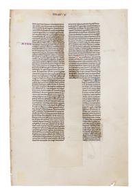 ALMAGEST MASTER Single leaf from a Bible, with a historiated initial of the winged lion of Saint Mark, illuminated manuscript on parchment [France, Paris, c. 1220s]