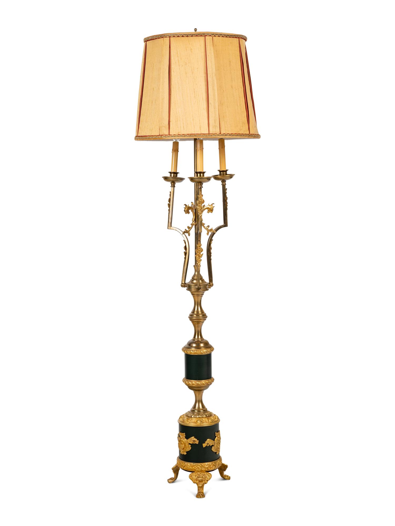 An Empire Style Gilt and Patinated Metal Three-Light Floor Lamp