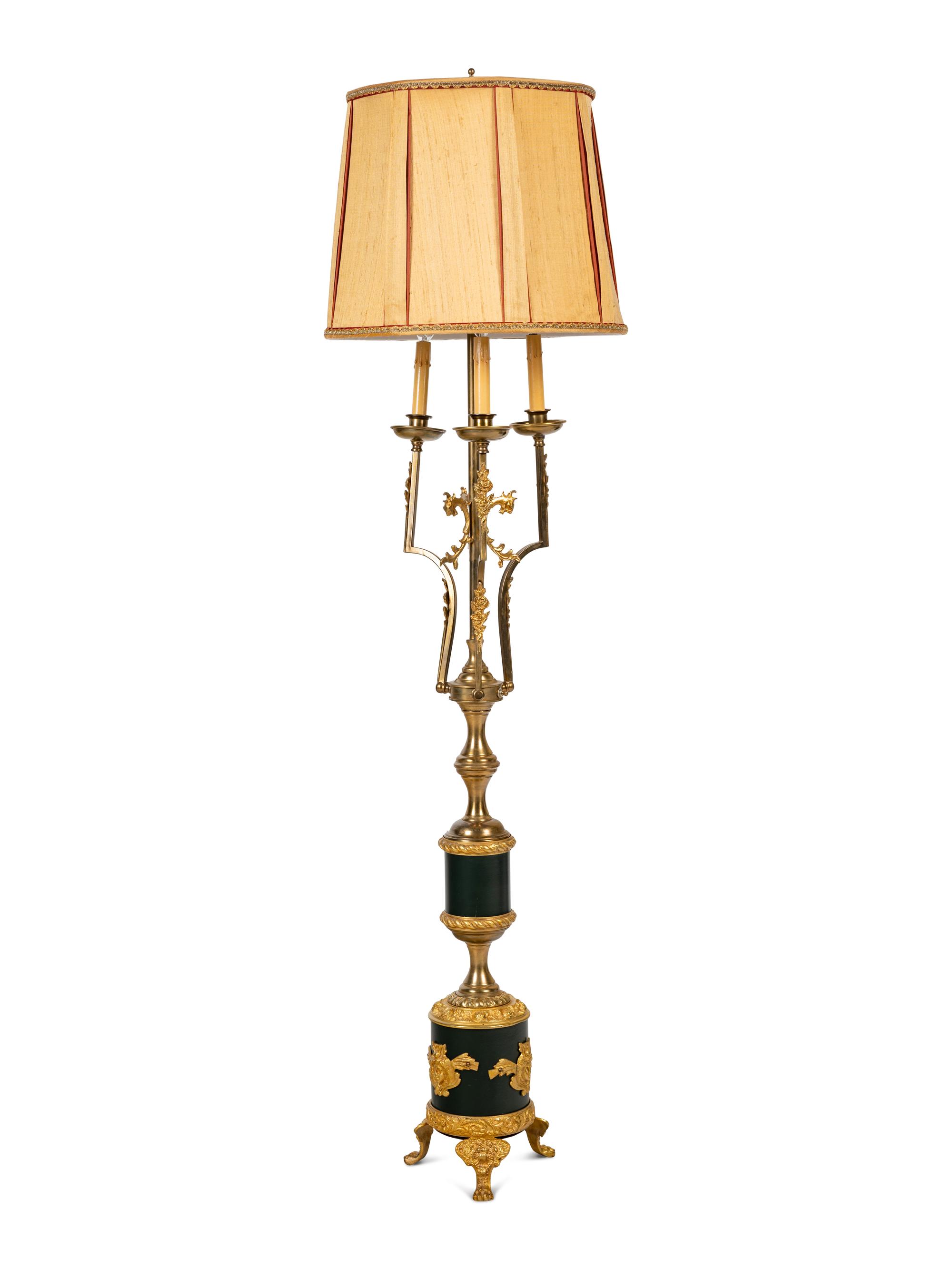 An Empire Style Gilt and Patinated Metal Three-Light Floor Lamp