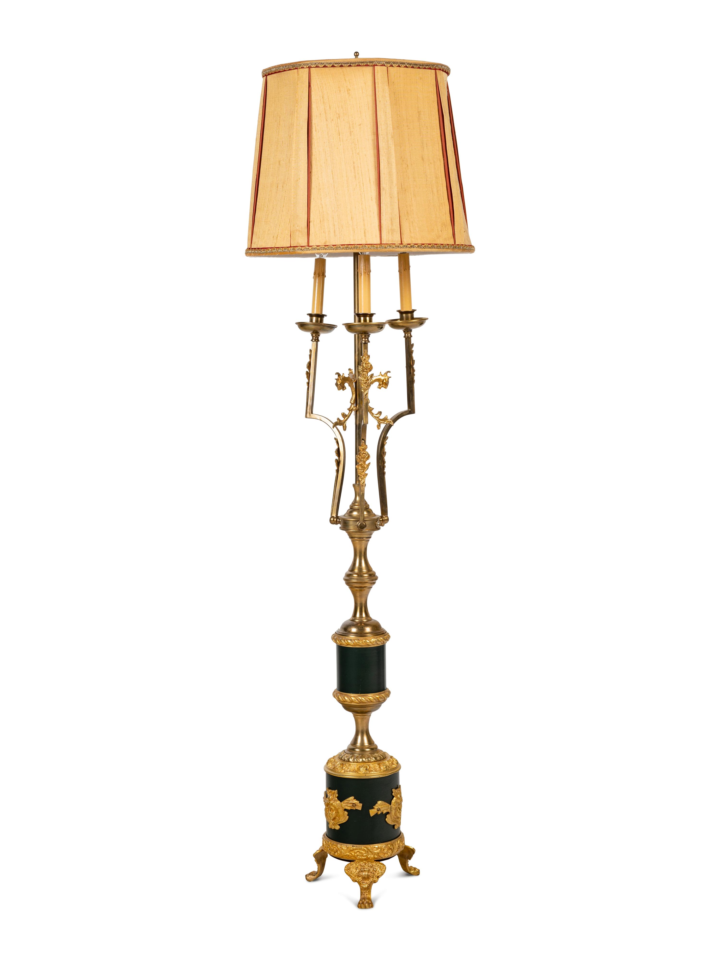 An Empire Style Gilt and Patinated Metal Three-Light Floor Lamp