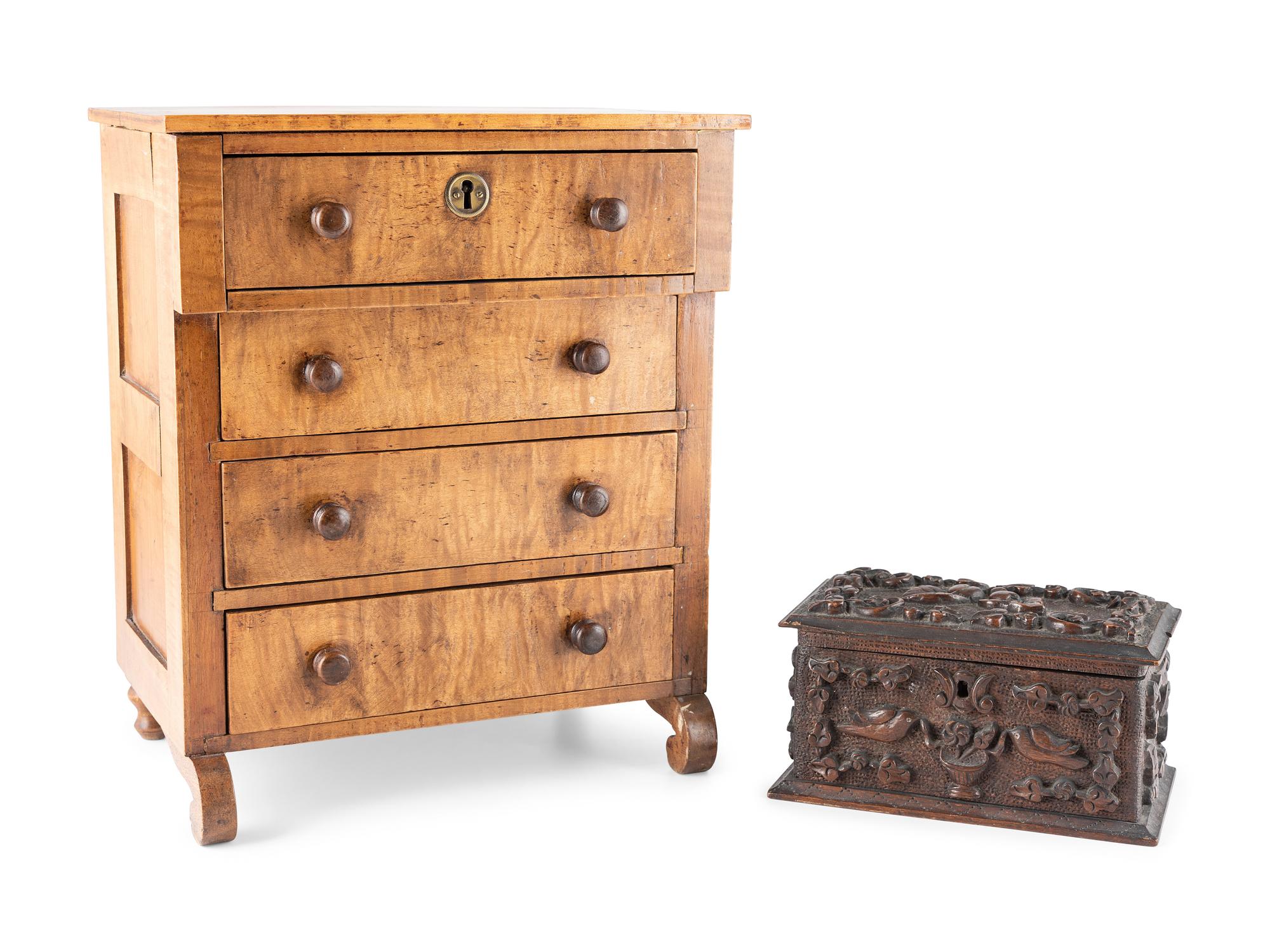 A Miniature Classical Chest of Drawers and Carved Box