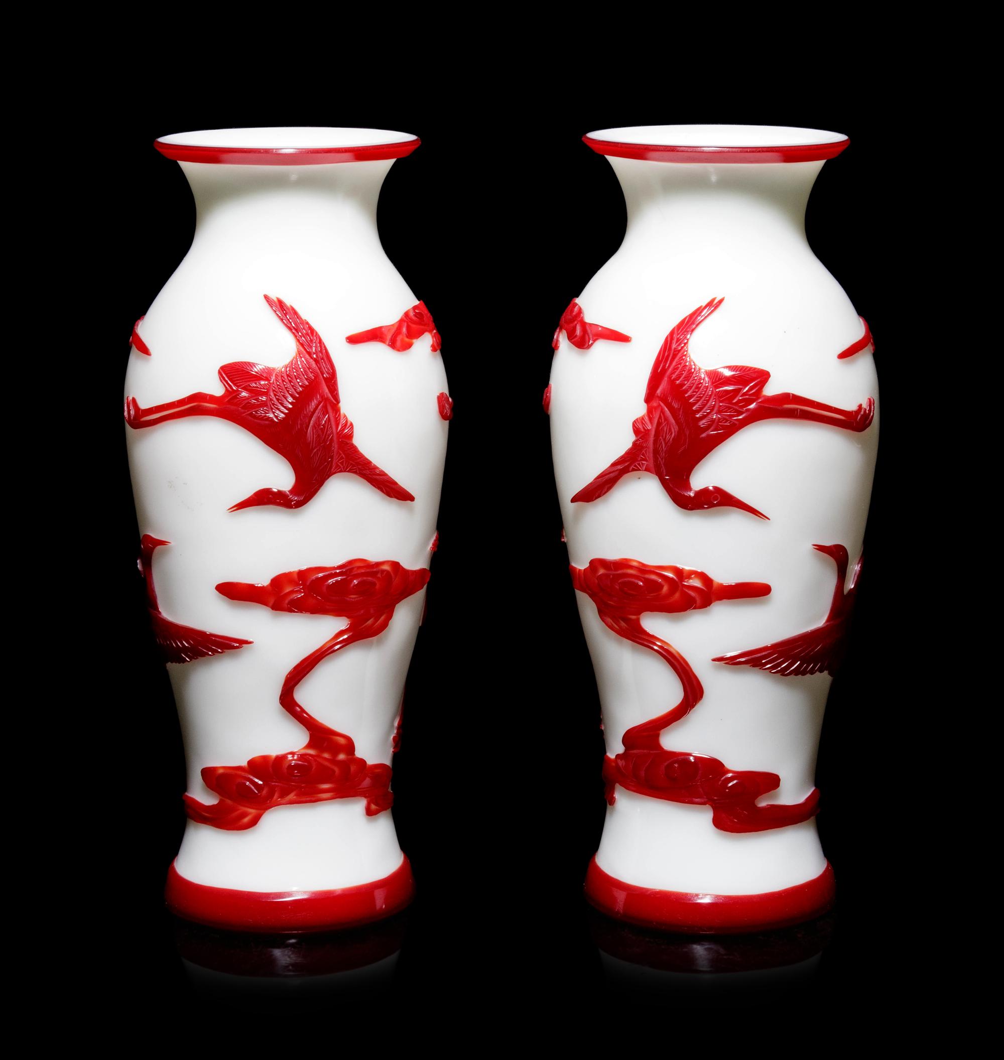 A Pair of Chinese Red Overlay Milky White Peking Glass Vases