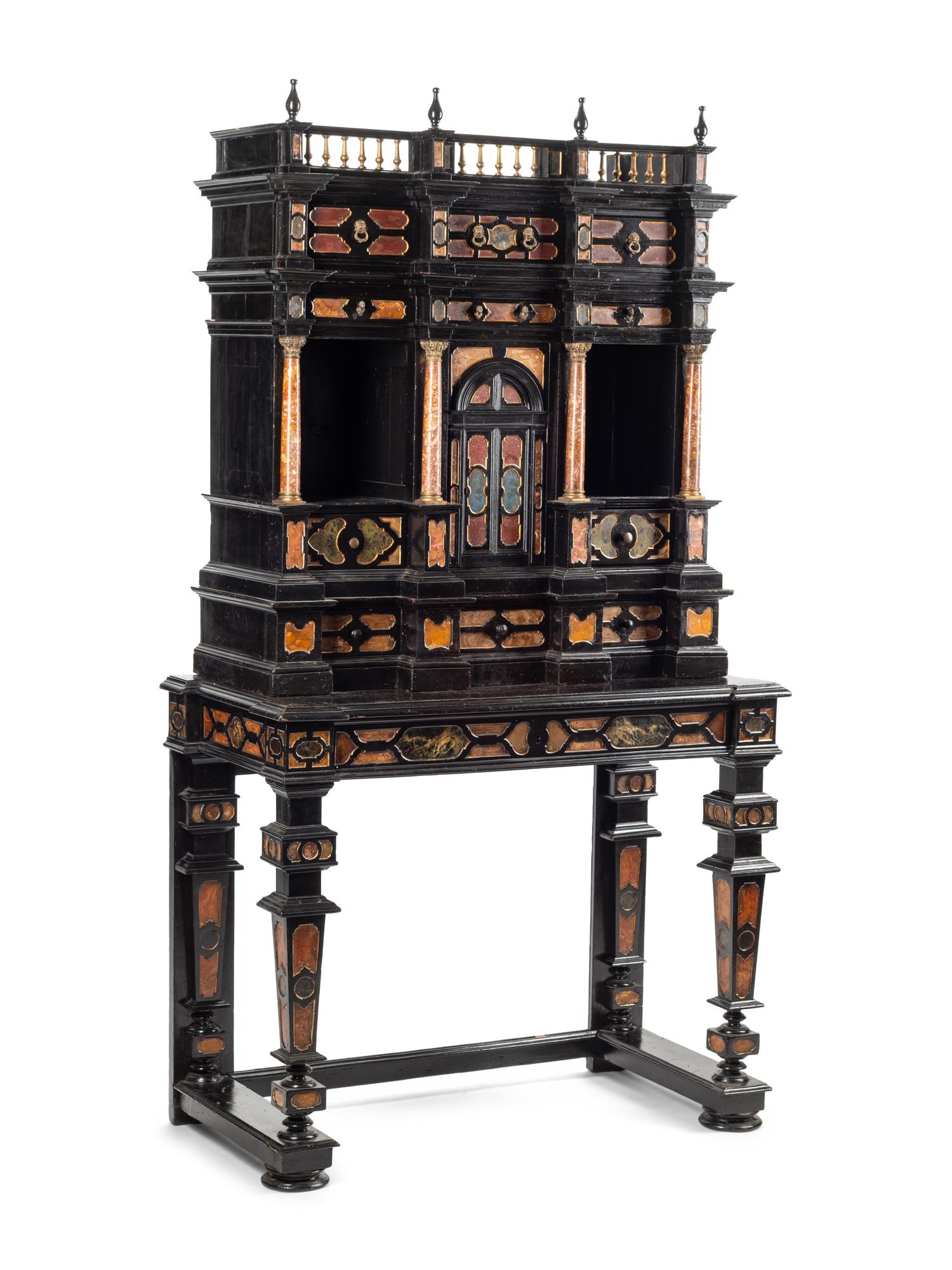 A Florentine Specimen Marble-Inset Ebonized Collector's Cabinet on Stand