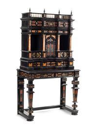 A Florentine Specimen Marble-Inset Ebonized Collector's Cabinet on Stand
