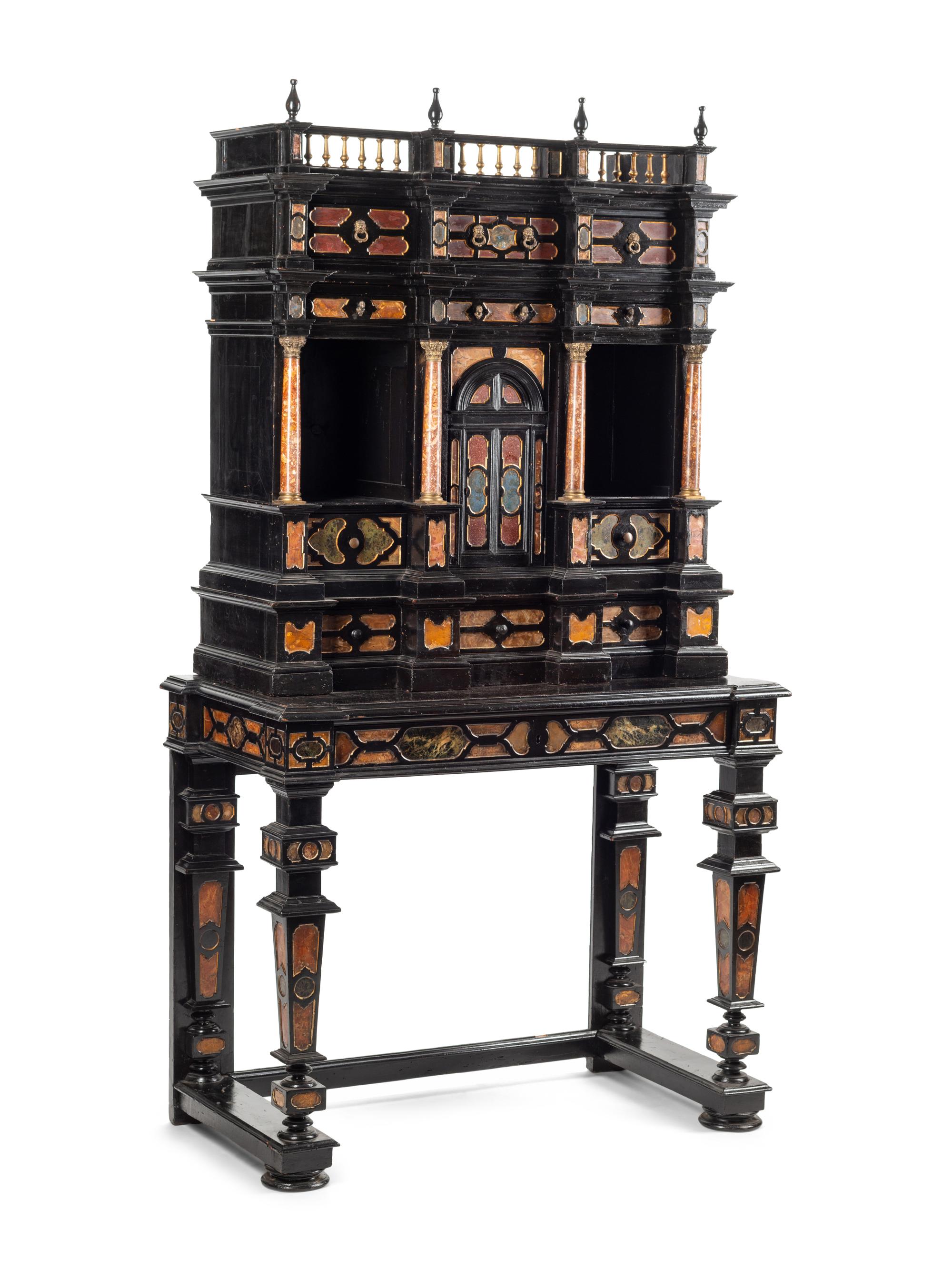 A Florentine Specimen Marble-Inset Ebonized Collector's Cabinet on Stand