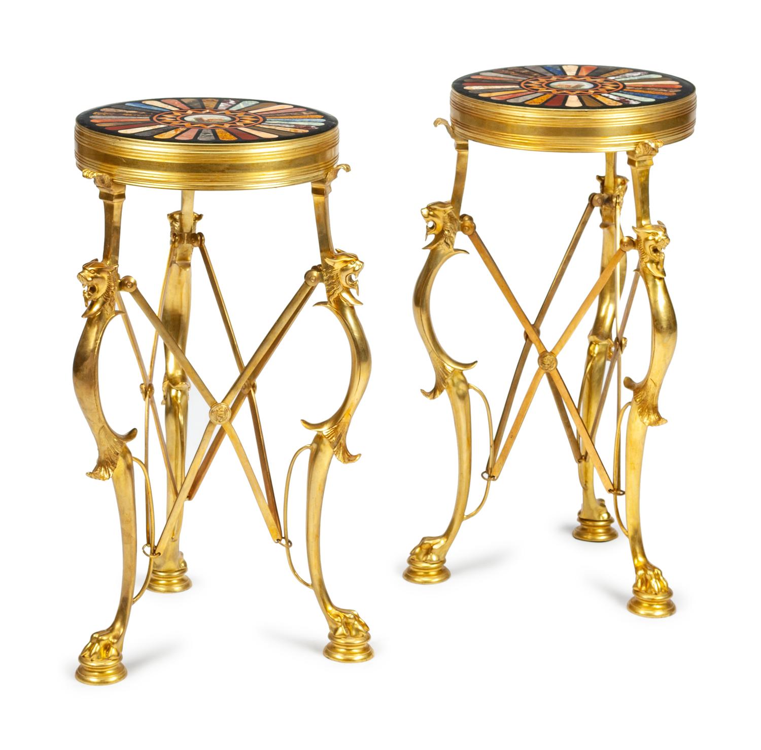 A Pair of Neoclassical Gilt Bronze Tables with Micro-Mosaic and Specimen Marble Tops