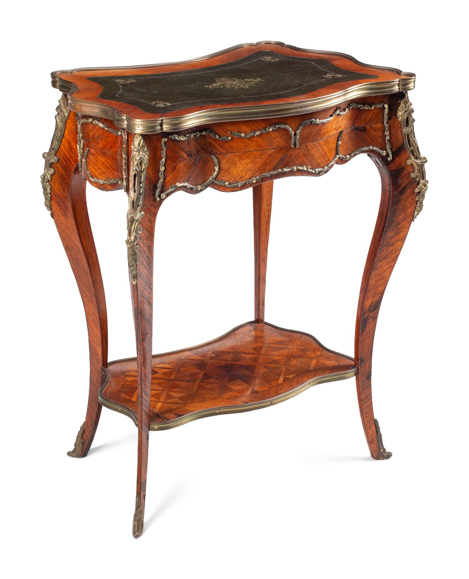 A Louis XV Style Gilt Bronze Mounted Kingwood and Parquetry Writing Table