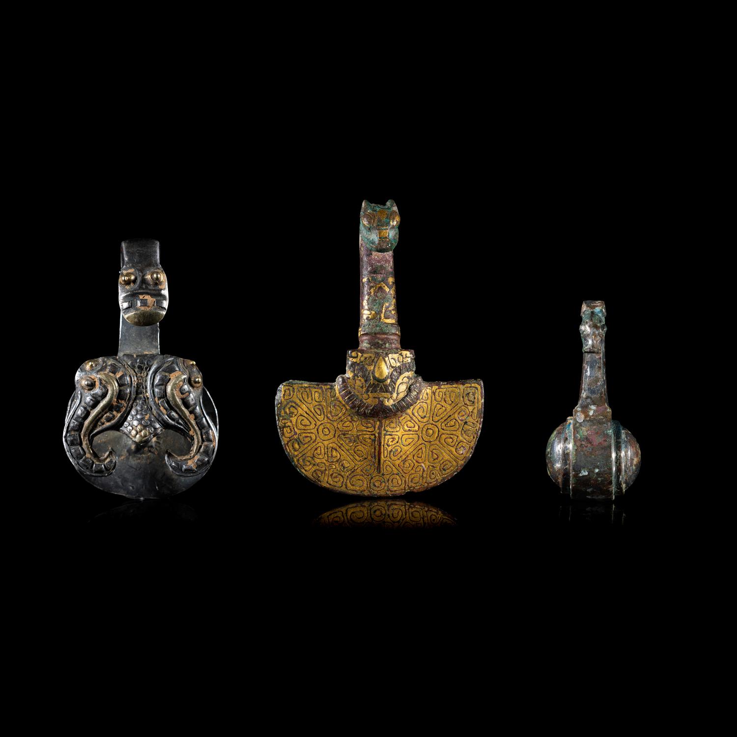 Three Chinese Metal Garment Hooks, Warring State Period-Han Dynasty 戰國-漢 帶 鉤 三件