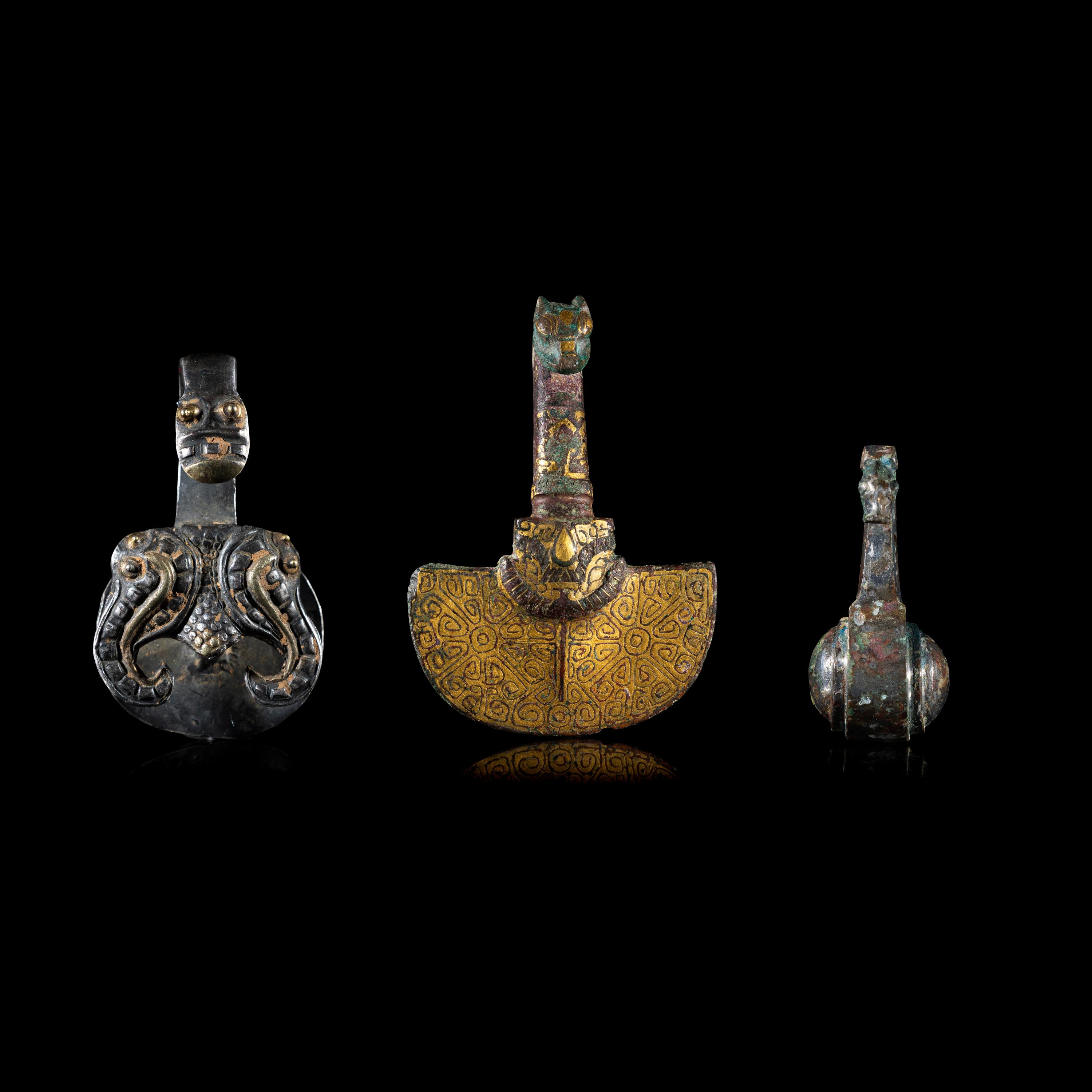 Three Chinese Metal Garment Hooks, Warring State Period-Han Dynasty 戰國-漢 帶 鉤 三件