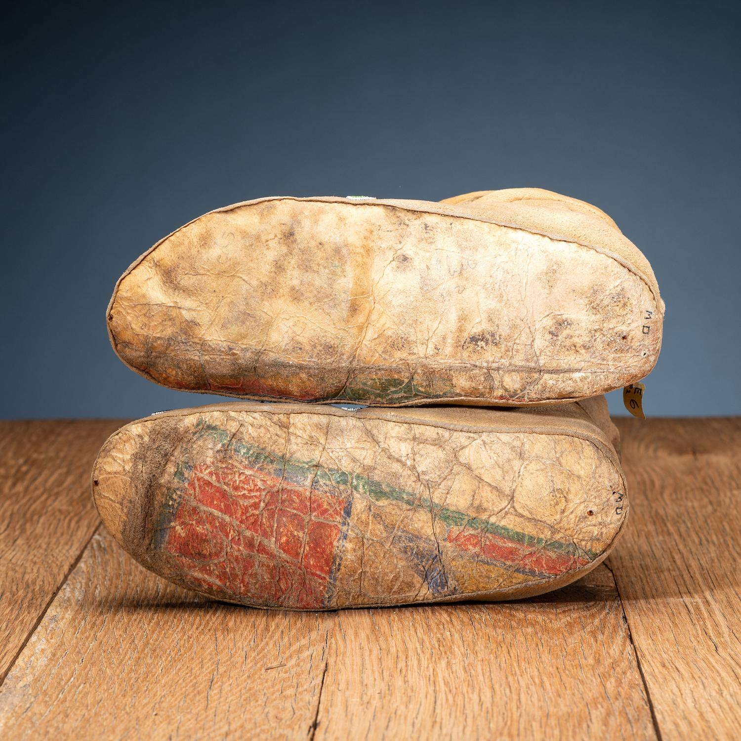 Apsaalooke [Crow] Beaded Hide Moccasins, with Painted Parfleche Soles