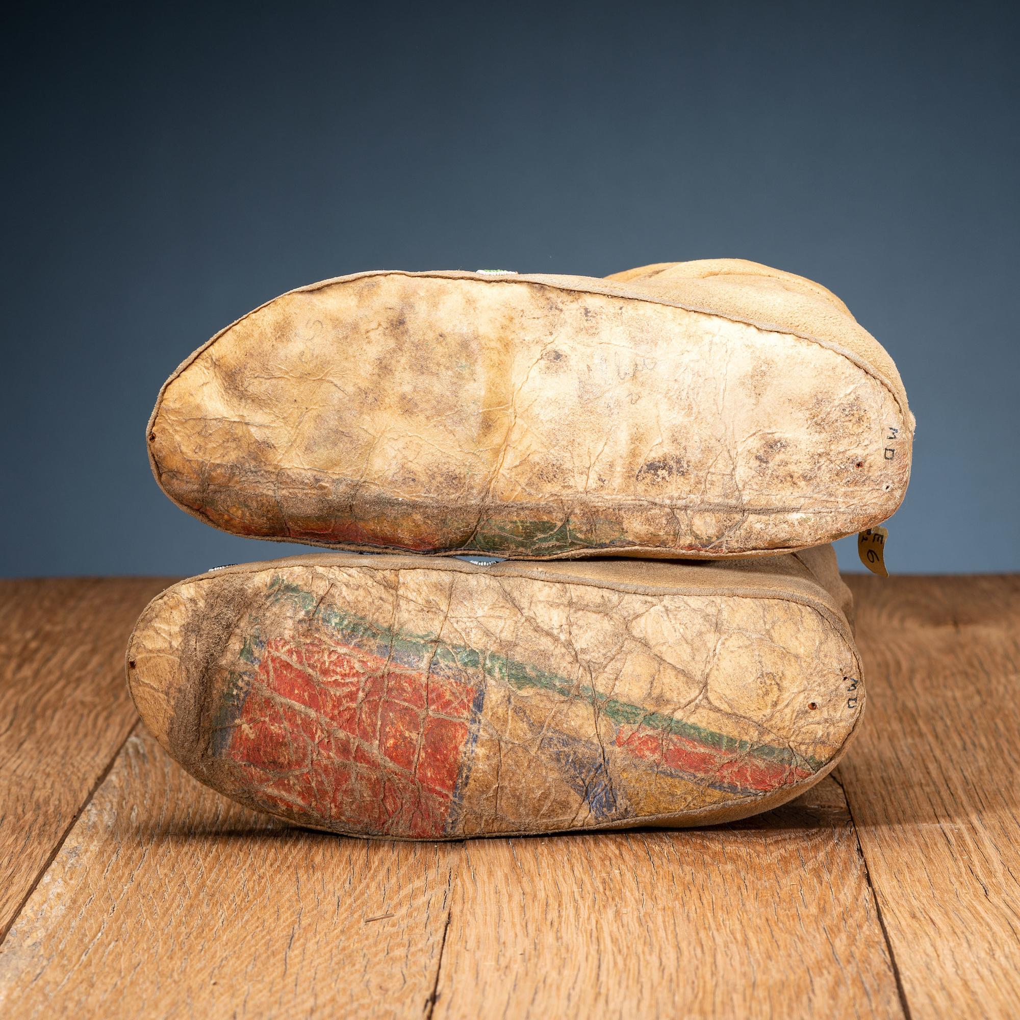 Apsaalooke [Crow] Beaded Hide Moccasins, with Painted Parfleche Soles