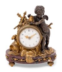 A Louis XV Style Gilt and Patinated Bronze and Marble Figural Mantel Clock