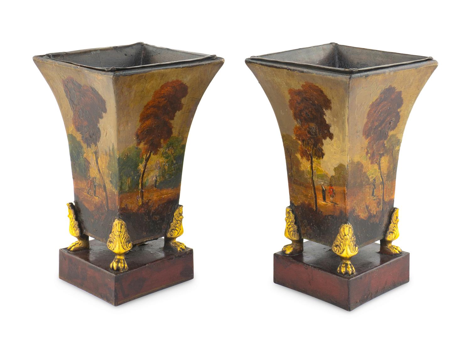 A Pair of French Gilt Metal Mounted Tole Cache Pots with a Pair of Giltwood Wall Brackets