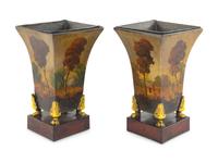 A Pair of French Gilt Metal Mounted Tole Cache Pots with a Pair of Giltwood Wall Brackets