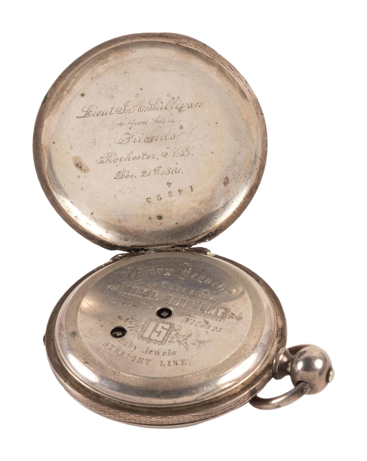 [CIVIL WAR]. Presentation watch engraved to Major Jeremiah A. Sullivan, 13th NY Infantry & 1st NY Veteran Cavalry, KIA at Cabletown, WV, with CDV in uniform.