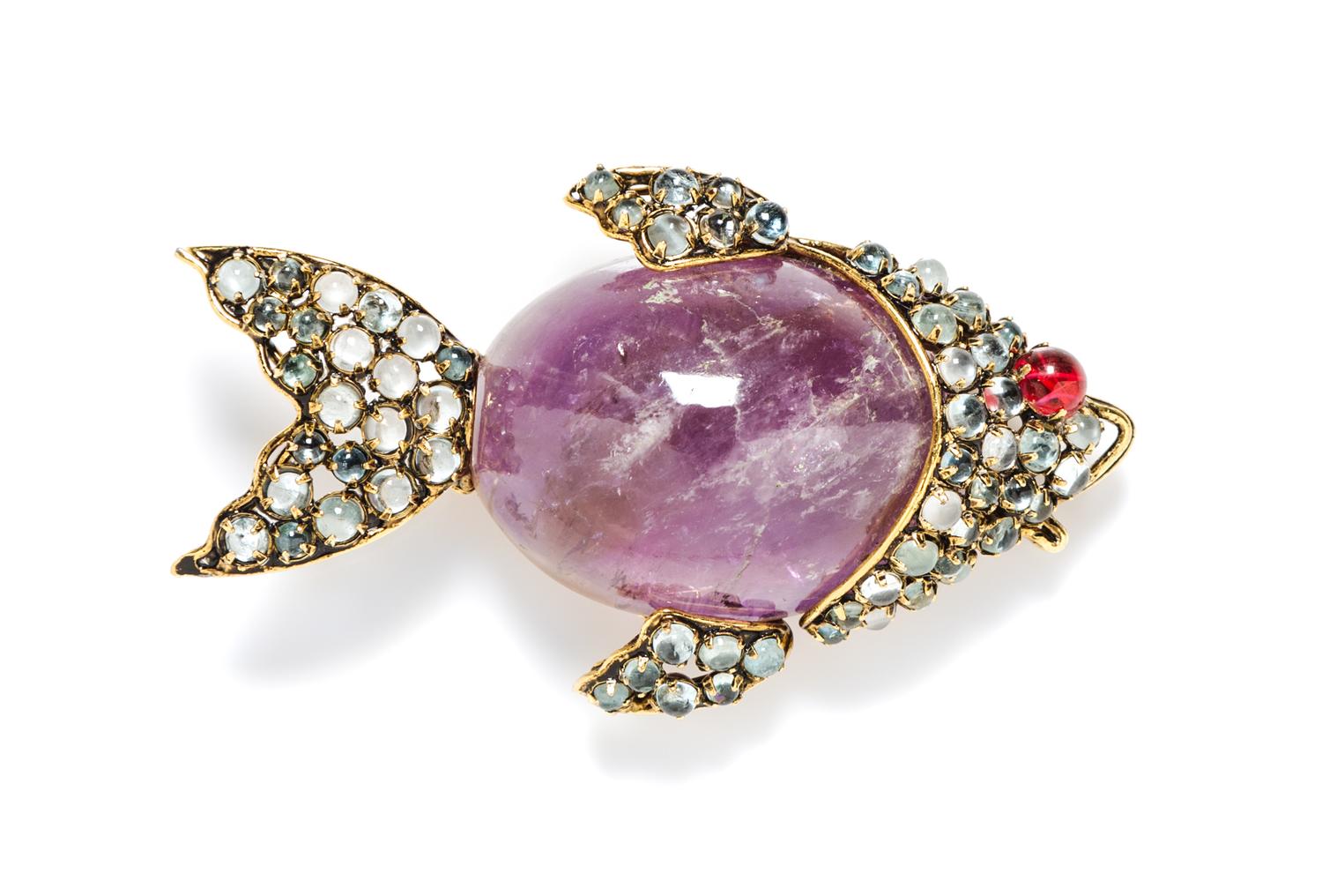 An Iradj Moini Amethyst, Quartz and Glass Fish Brooch, 3.5" x 2".