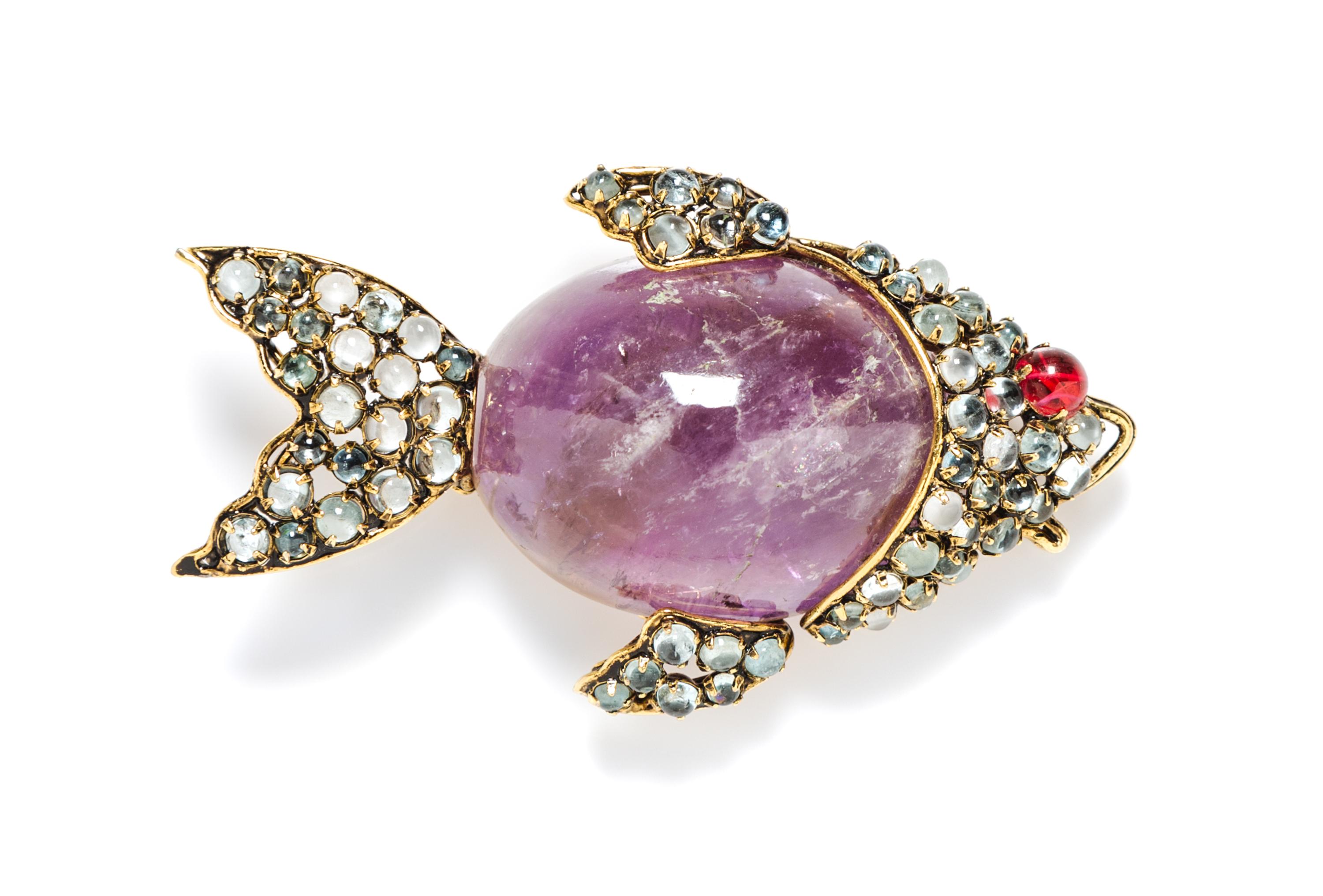 An Iradj Moini Amethyst, Quartz and Glass Fish Brooch, 3.5" x 2".