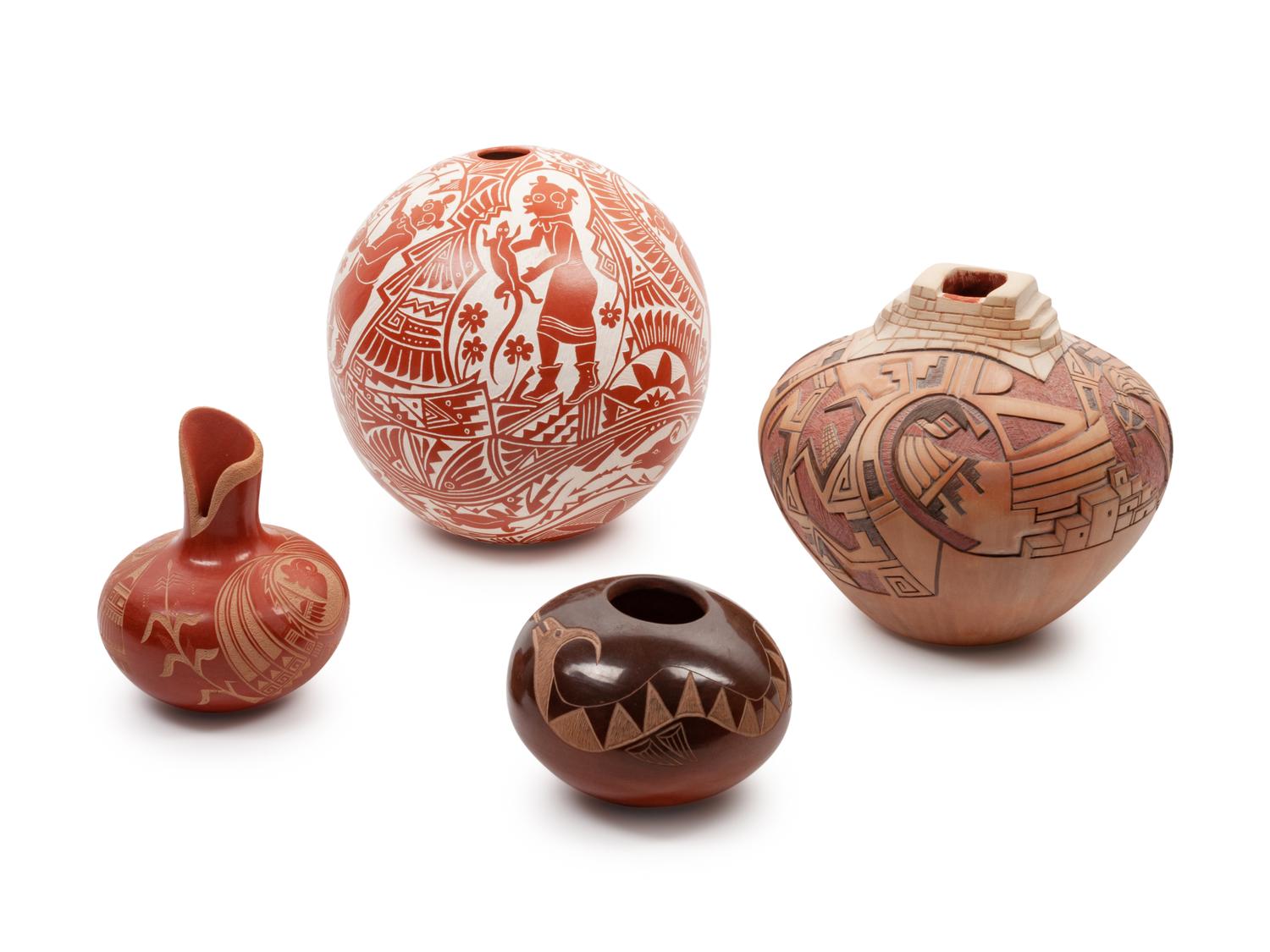 Four Pueblo Vessels, with Sgraffito Decoration