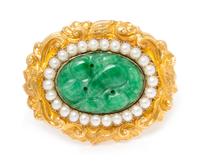 An Early Victorian Yellow Gold, Seed Pearl and Jade Pendant/Brooch, 8.05 dwts.