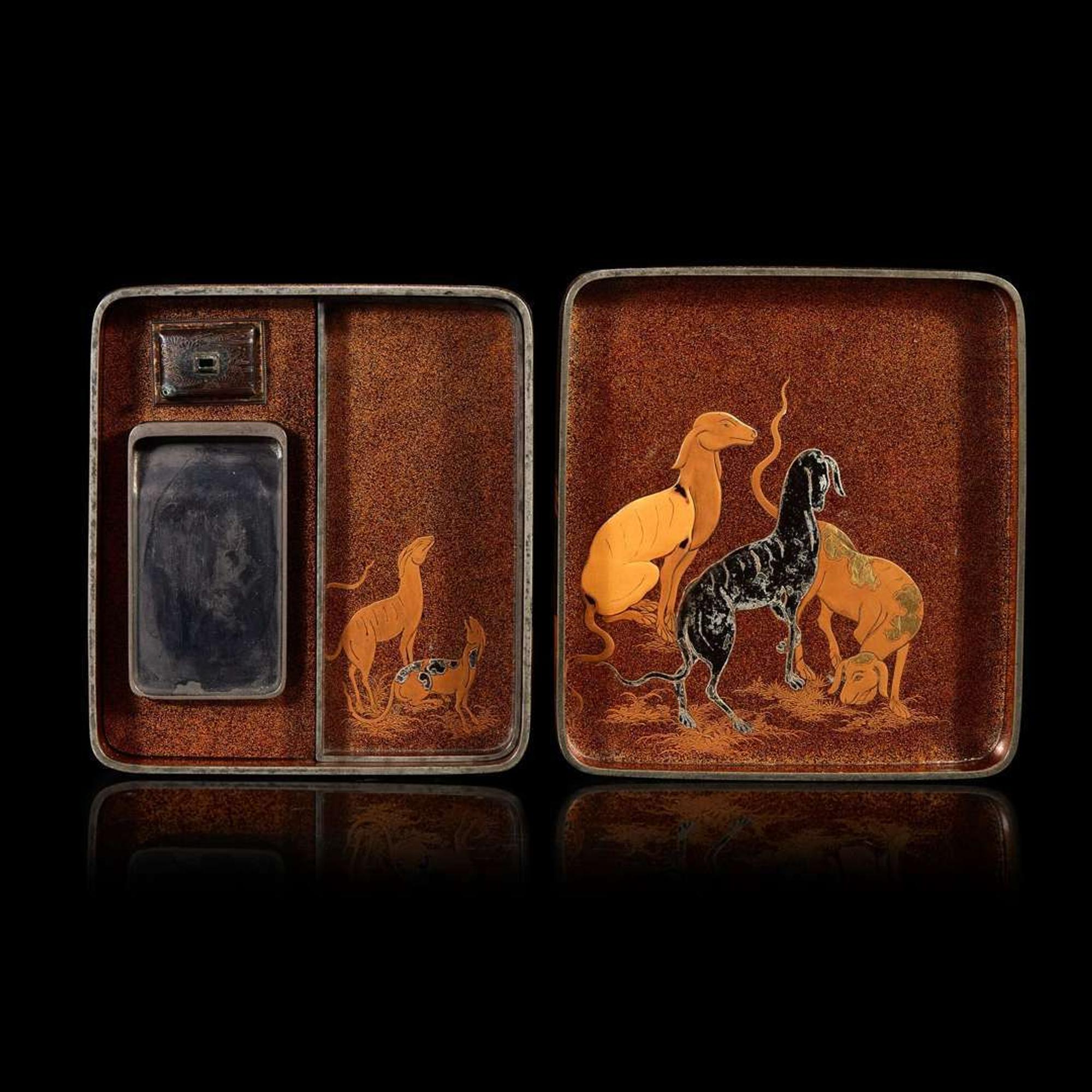 A Japanese lacquer "Cranes and Dogs" writing box Edo to early Meiji period