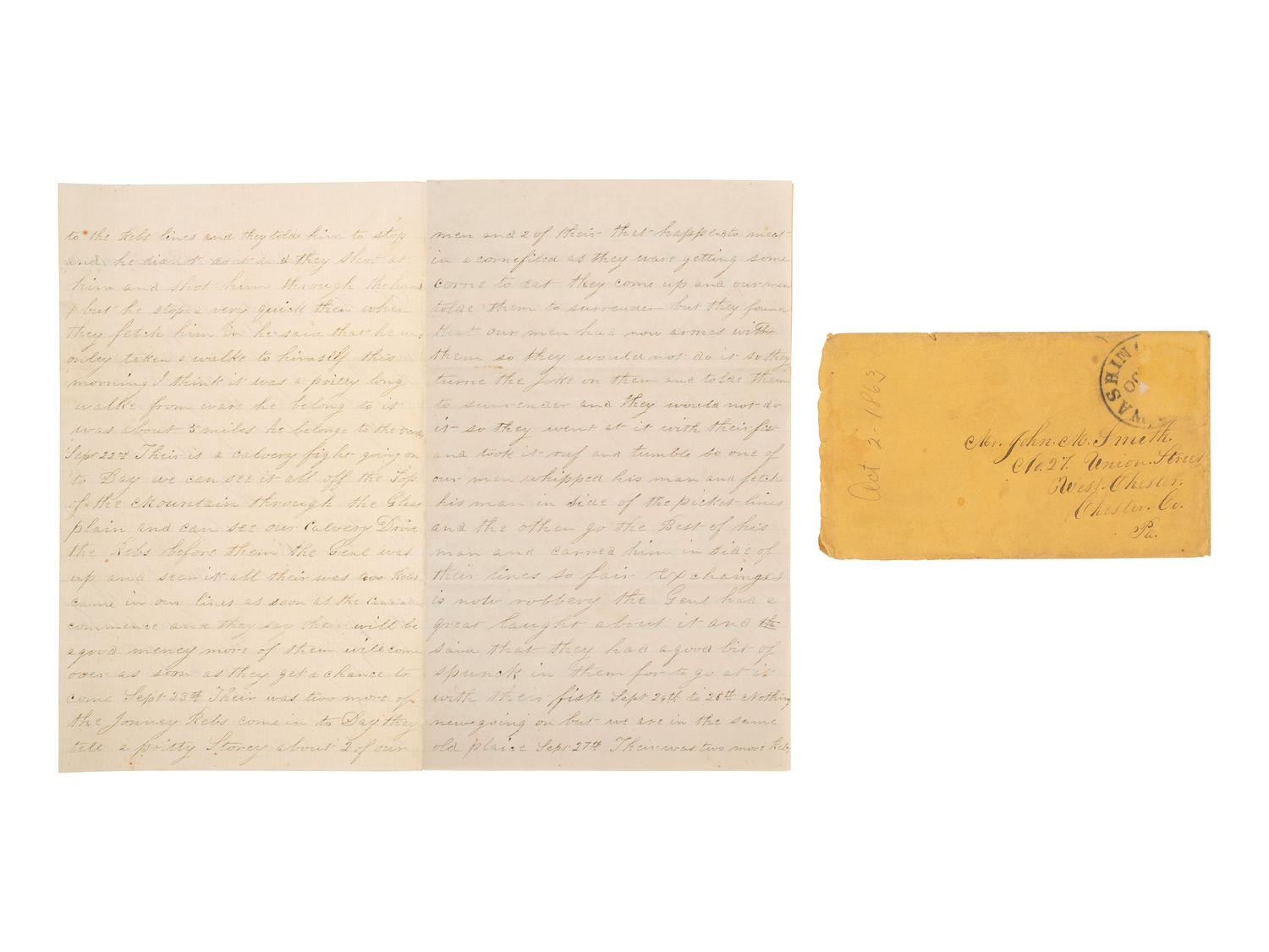 [CIVIL WAR]. Soldier's letter detailing the execution of an identified deserter by firing squad. "Head Quarters 1st Division 2nd Corp," 2 October 1863.