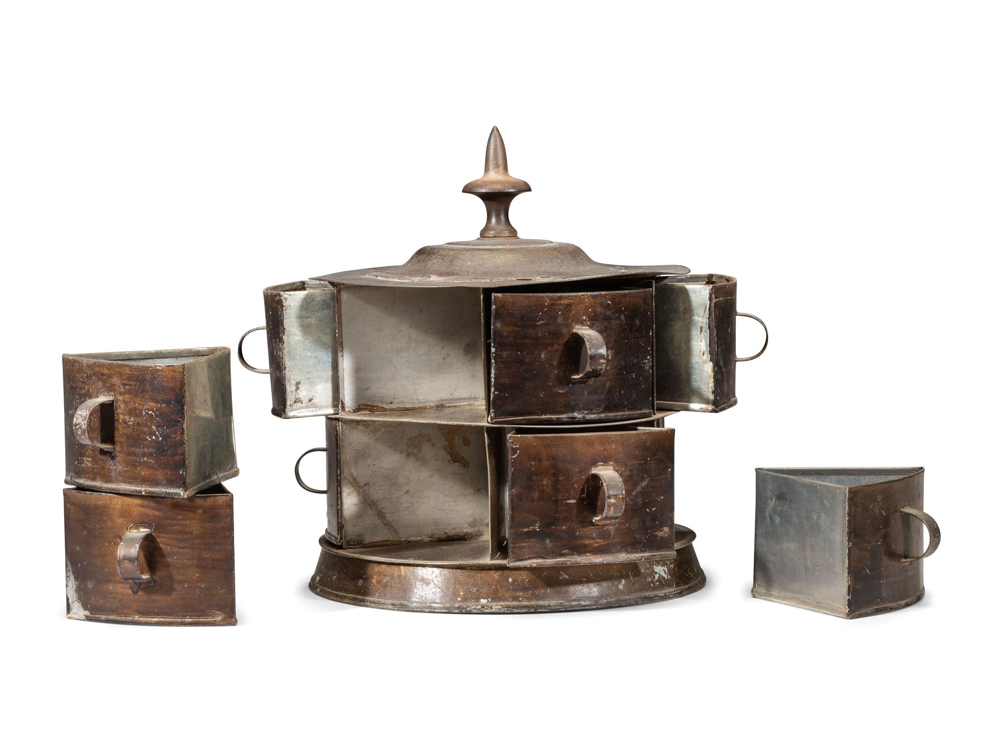 A Pressed Sheet Tin Twelve-Drawer Sewing Chest