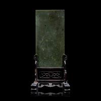 A Small Chinese Spinach Jade and Carved Wood Table Screen, Late Qing Dynasty/Republic Period 晚清民國 硬木嵌碧玉小插屏