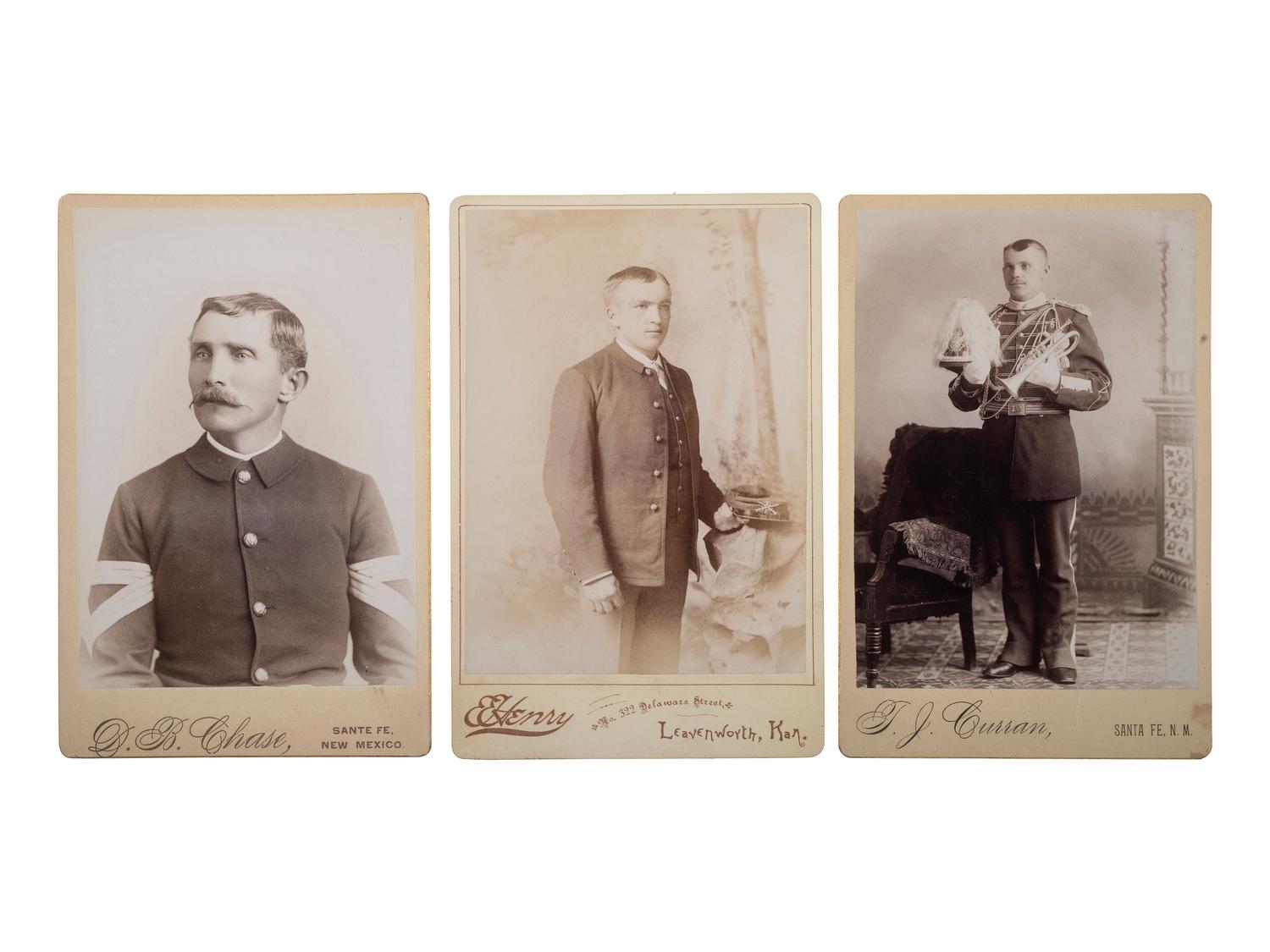[LATE INDIAN WARS]. A group of 3 cabinet cards of soldiers in Santa Fe, NM and Leavenworth, KS.