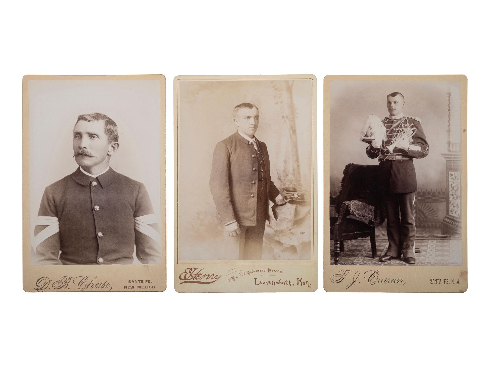 [LATE INDIAN WARS]. A group of 3 cabinet cards of soldiers in Santa Fe, NM and Leavenworth, KS.