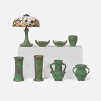 American Art Pottery, etc. Collection of Weller "Coppertone" Vessels, a Hampshire Pottery Lamp, a Floor Vase, and Hanging Shade, USA, early 20th century