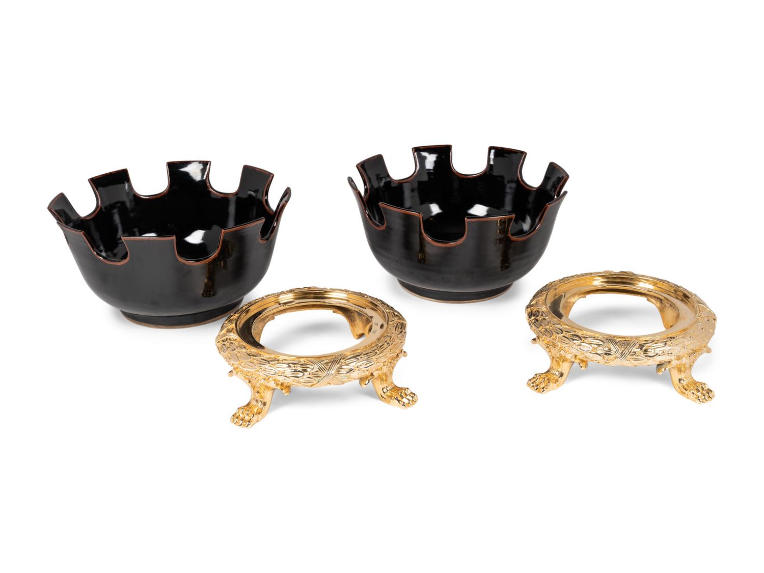 A Pair of Contemporary Ceramic and Gilt Metal Jardinières