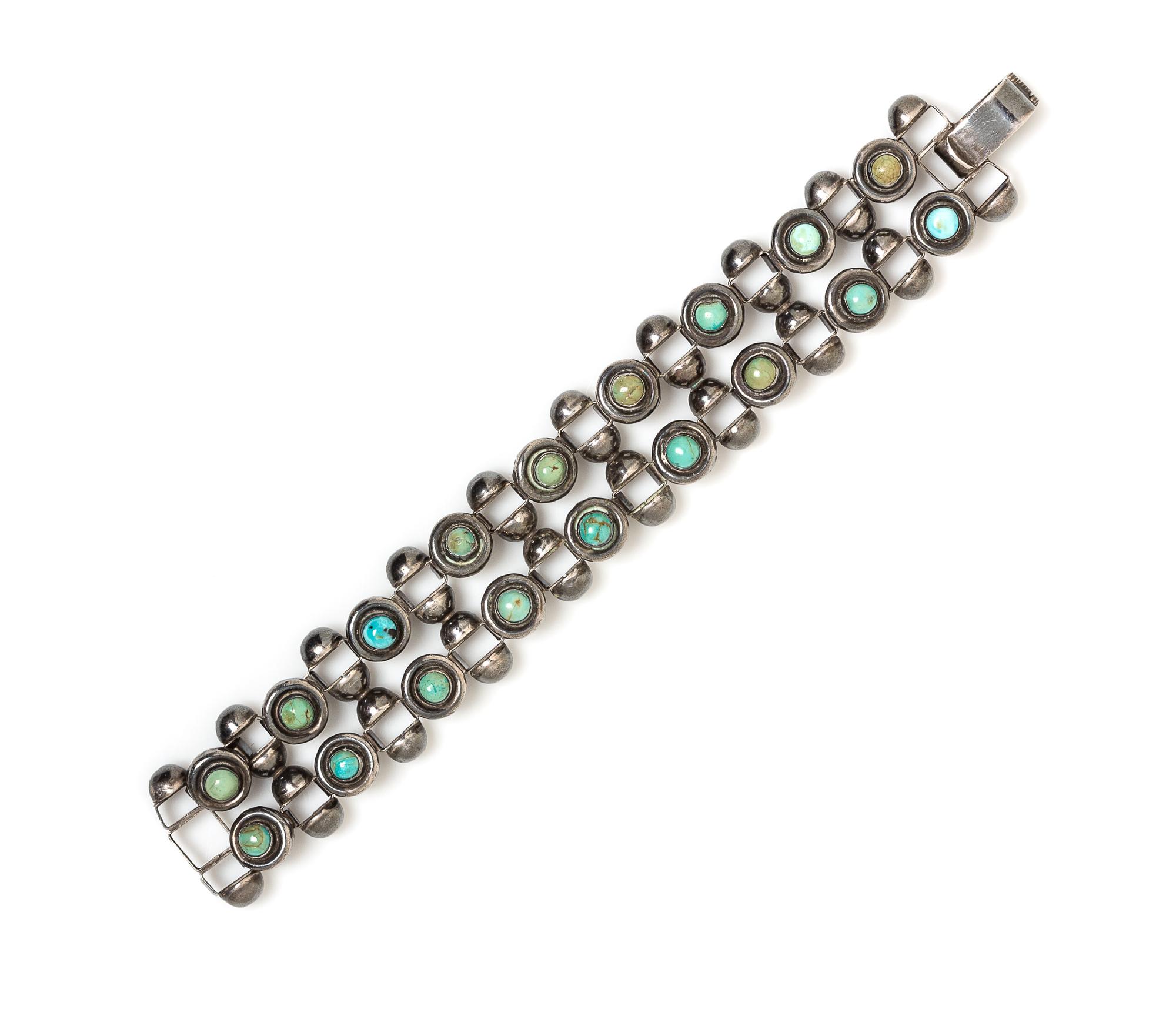 A Sterling Silver and Turquoise Bracelet, Mexico, 41.50 dwts.