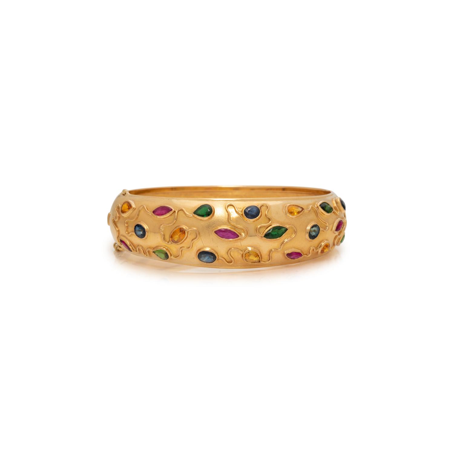 MULTI-COLORED GEMSTONE AND GOLD BANGLE BRACELET