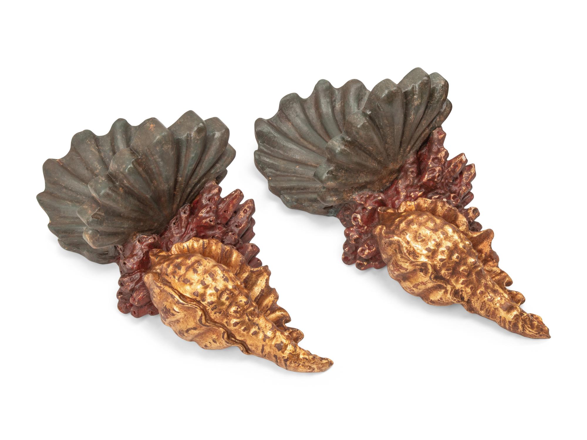 A Set of Four Italian Carved, Painted and Parcel Gilt "Grotto" Style Wall Brackets