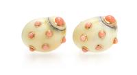 A Pair of 18 Karat Yellow Gold, Shell and Coral Earclips, Trianon, 7.10 dwts.