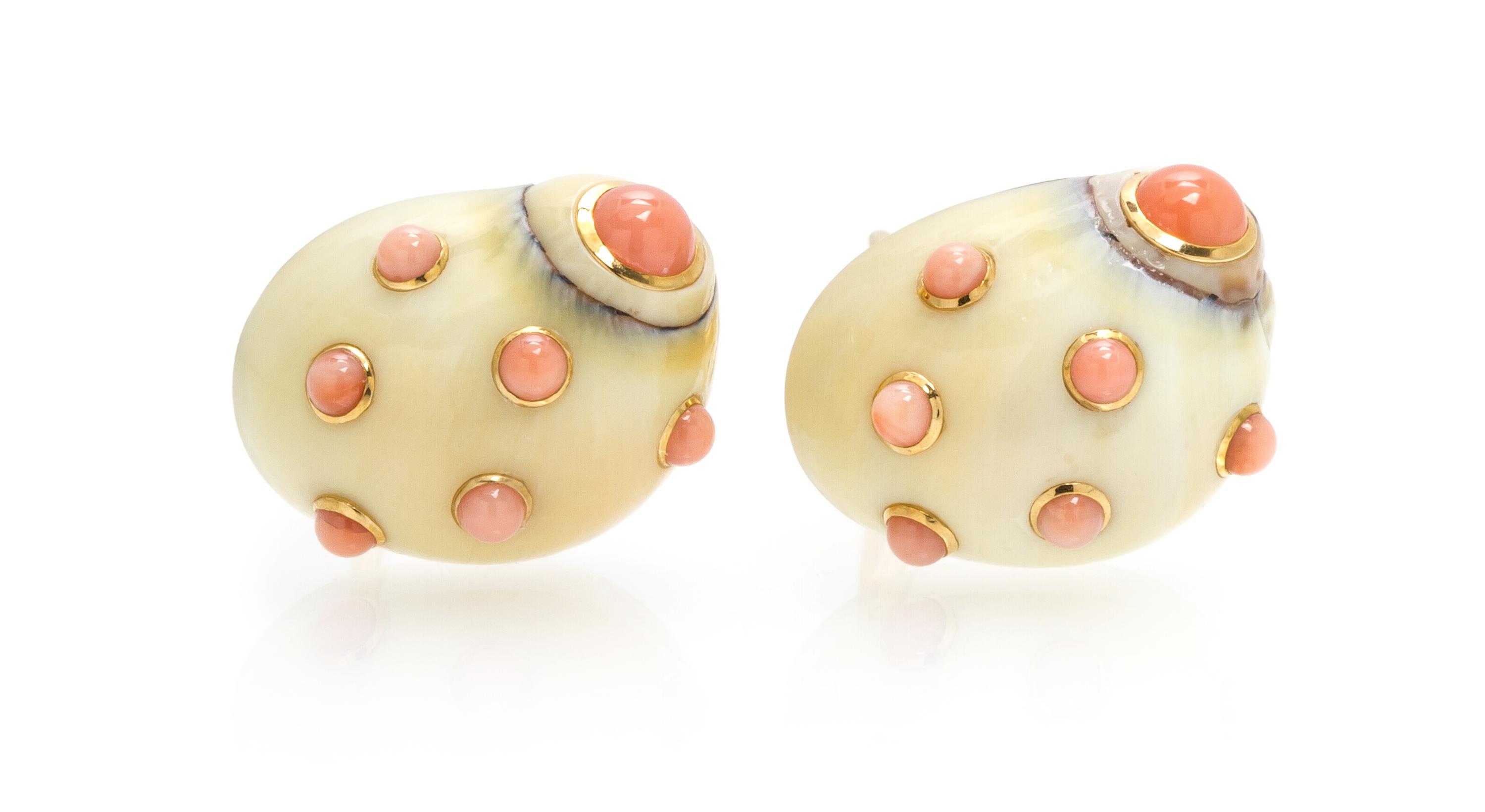 A Pair of 18 Karat Yellow Gold, Shell and Coral Earclips, Trianon, 7.10 dwts.