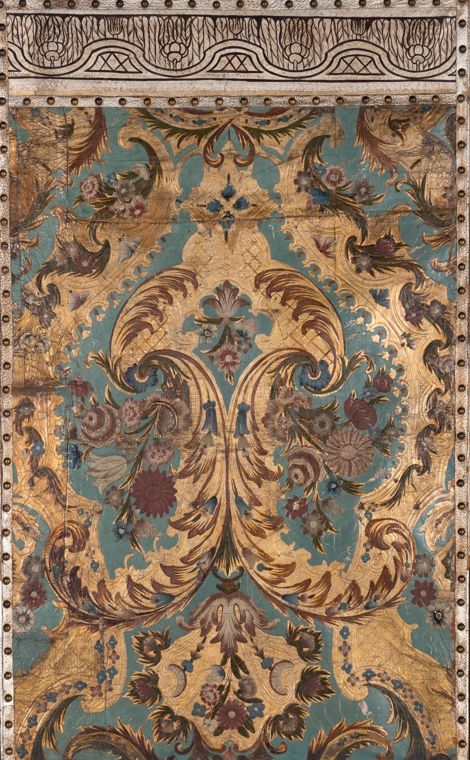 A Set of Five Continental Painted Leather Panels
