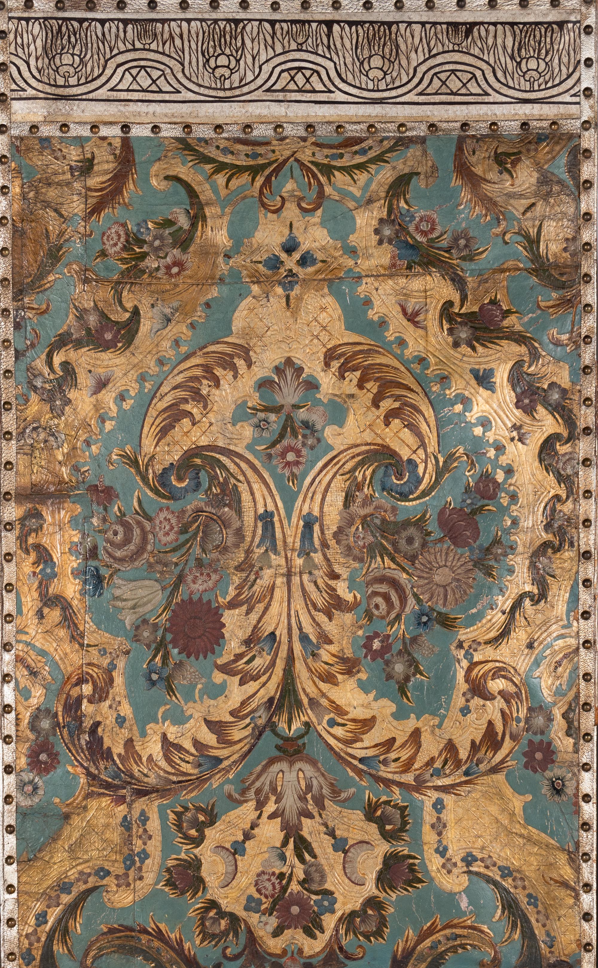 A Set of Five Continental Painted Leather Panels