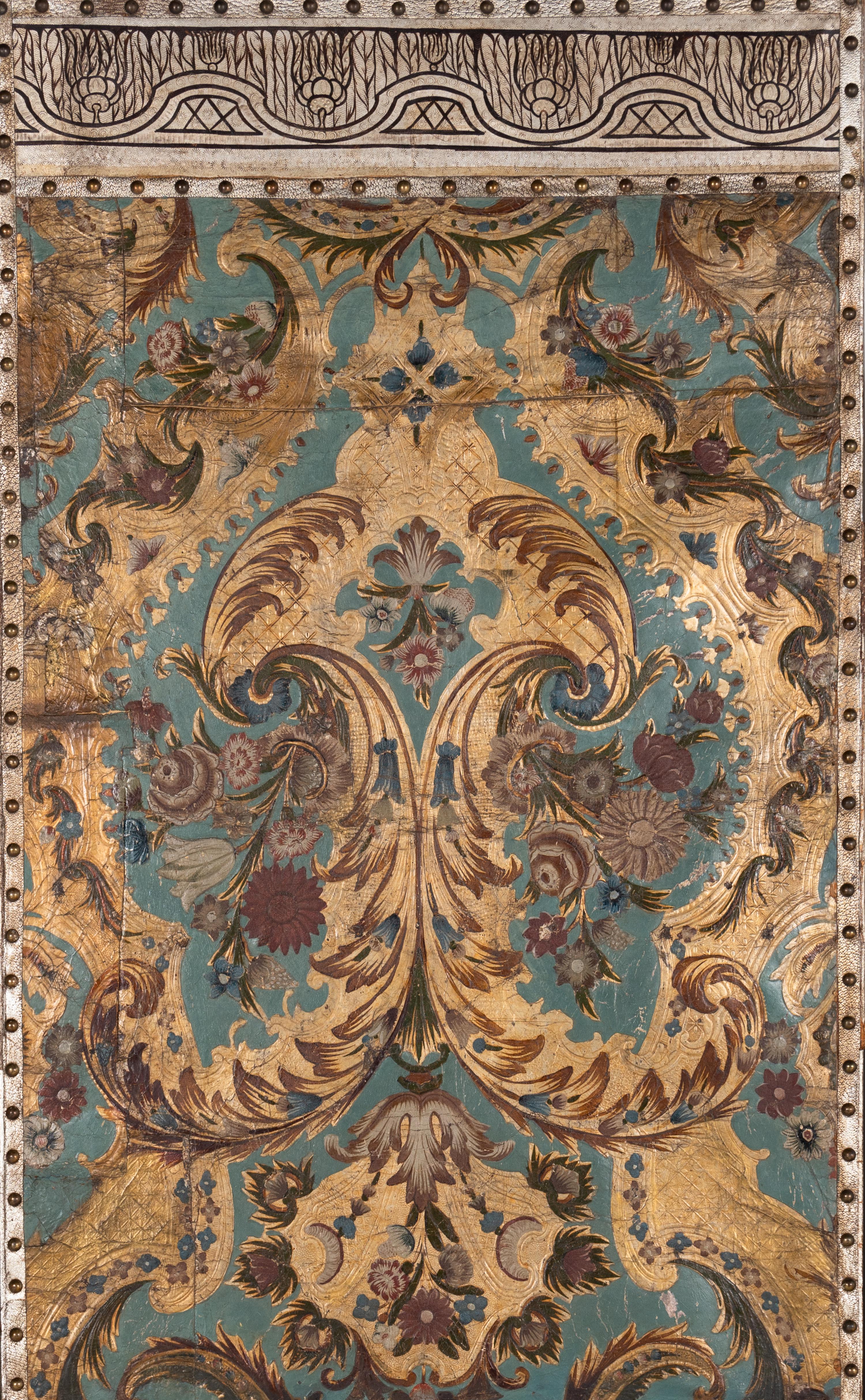 A Set of Five Continental Painted Leather Panels