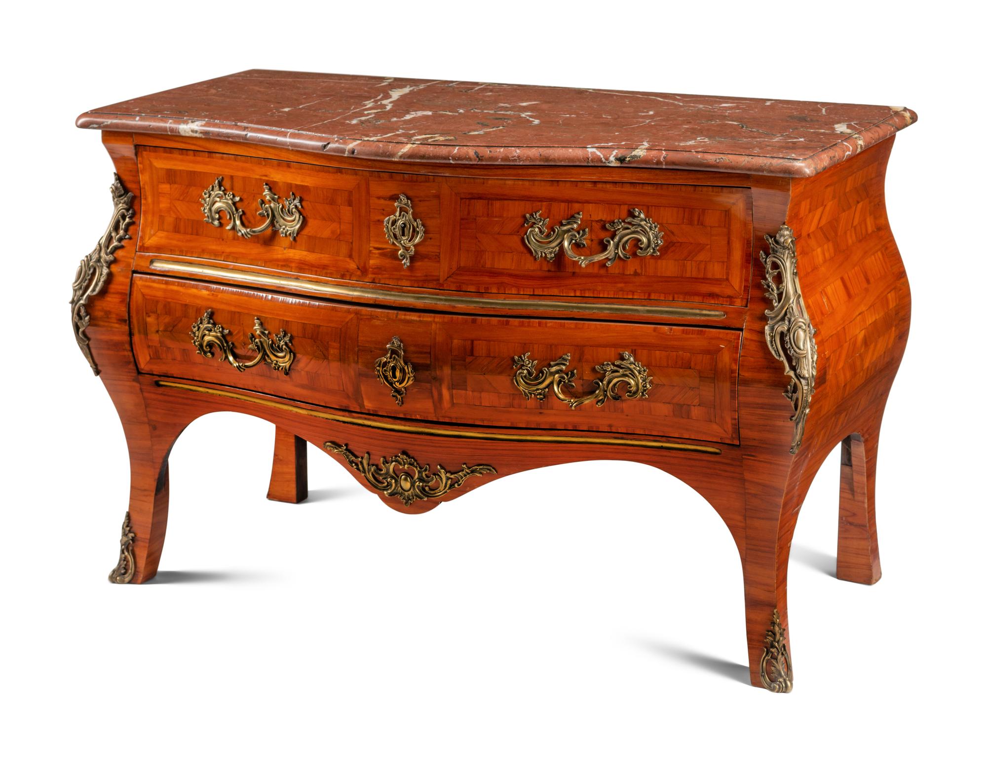 A Régence Style Gilt Bronze Mounted Parquetry Marble-Top Commode