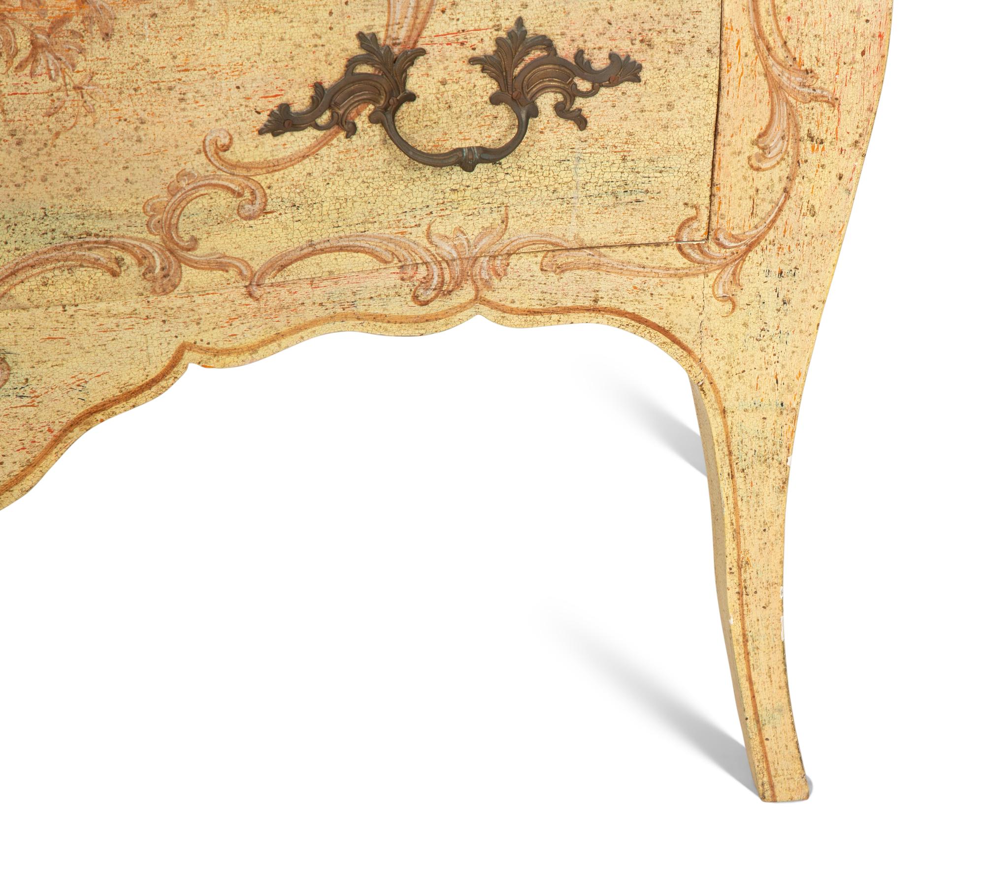 A Venetian Style Painted Faux Marble-Top Bombé Commode
