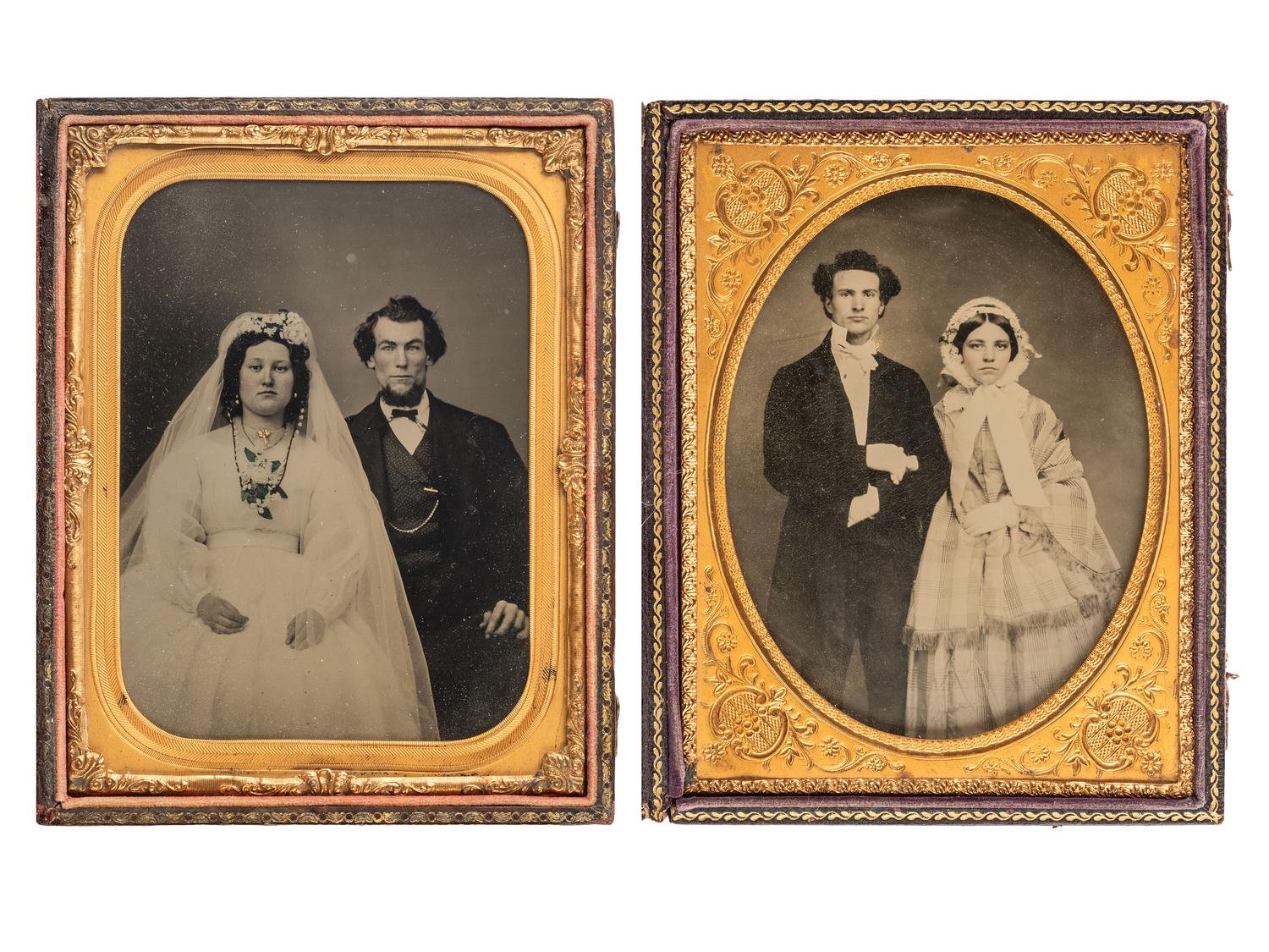 [EARLY PHOTOGRAPHY]. 4 half plate ambrotype portraits of couples highlighted by a newlywed bride and groom.