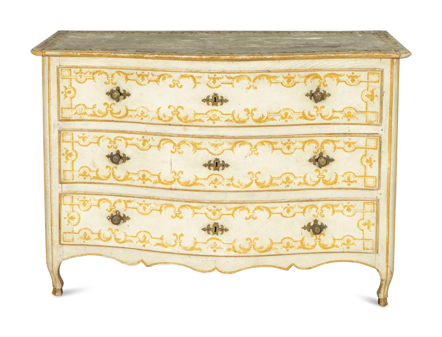 A Louis XV Oak Stencil Decorated Serpentine Front Commode