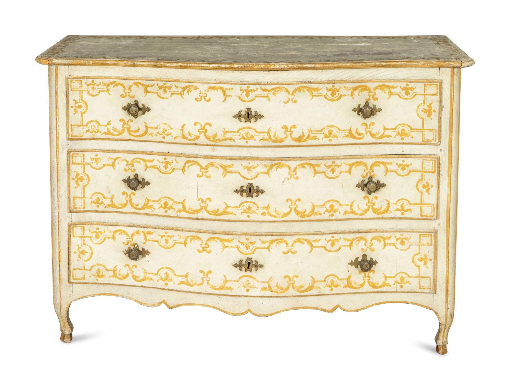 A Louis XV Oak Stencil Decorated Serpentine Front Commode