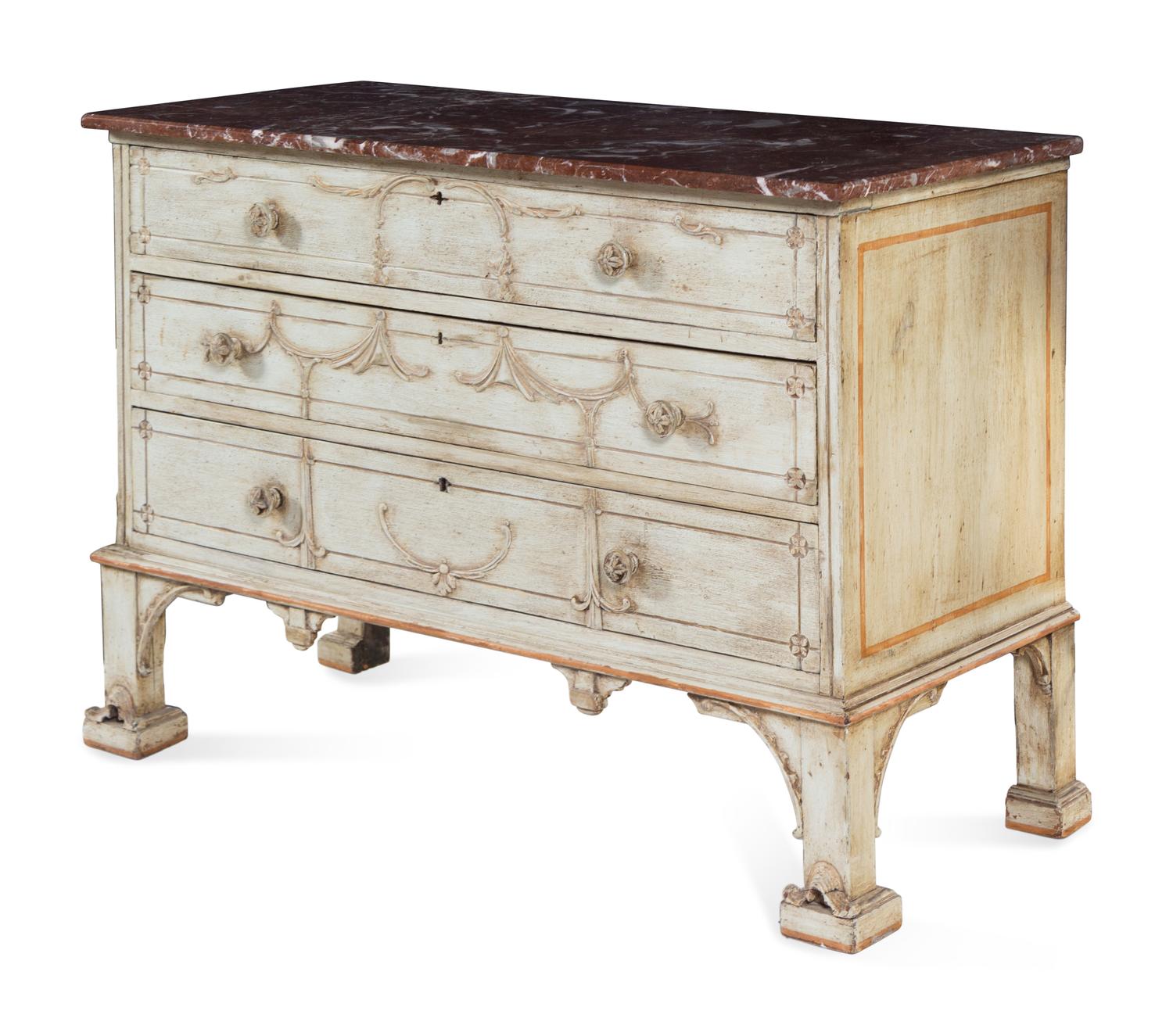 A George III Carved and Painted Marble-Top Commode in the Chinese Chippendale Taste