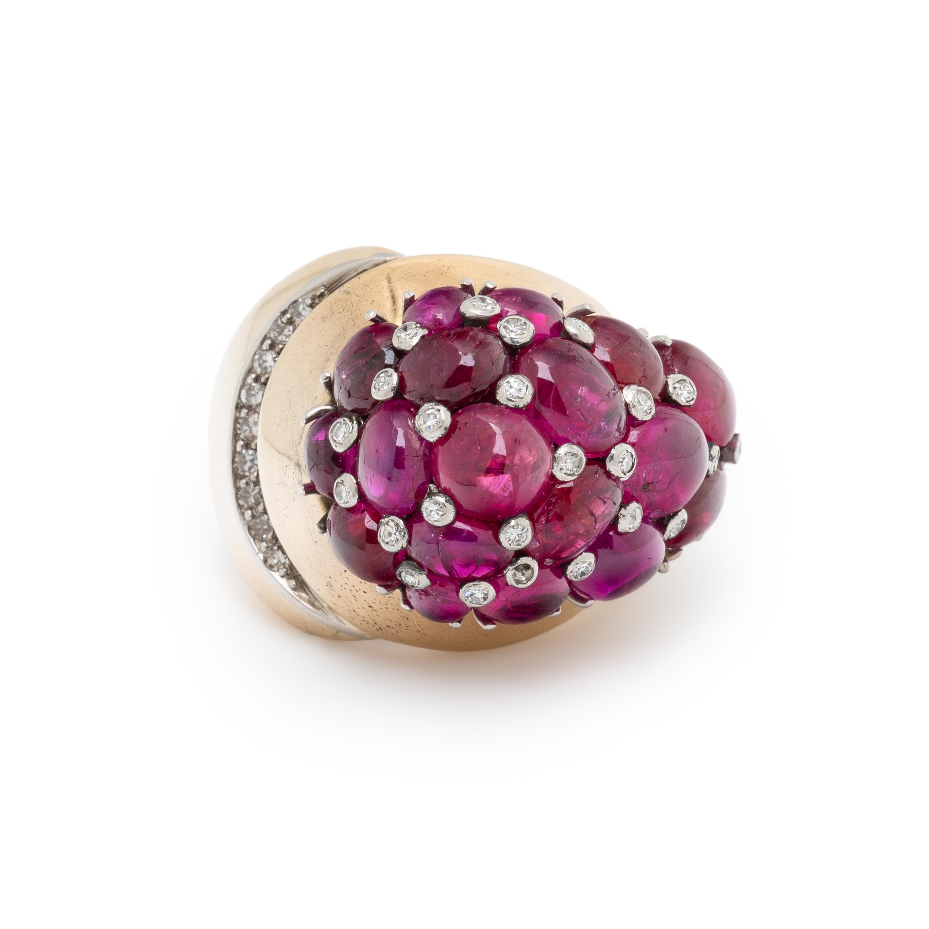 RETRO, RUBY, DIAMOND, AND YELLOW GOLD RING