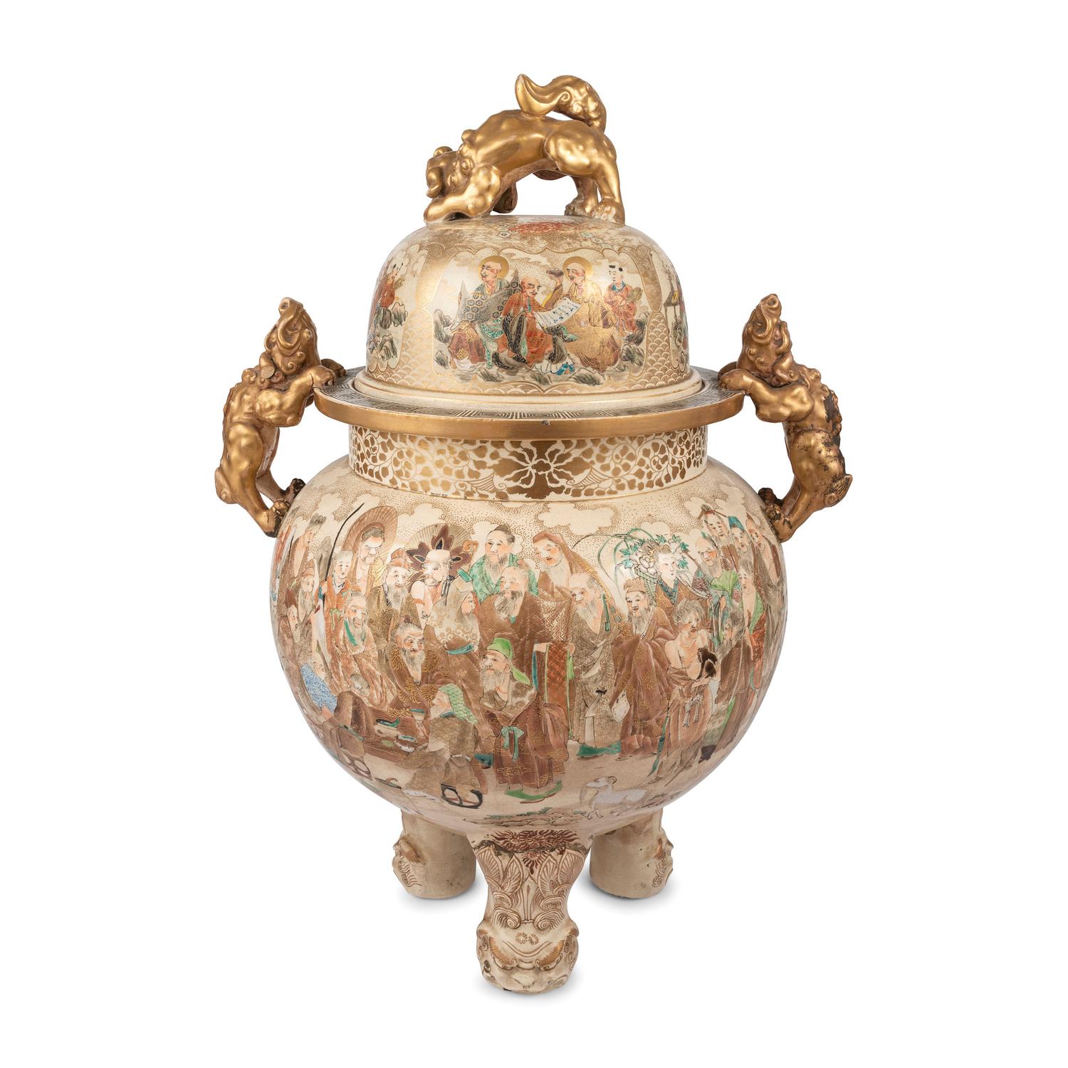 A Monumental Satsuma Porcelain Tripod Vessel and Cover