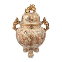 A Monumental Satsuma Porcelain Tripod Vessel and Cover